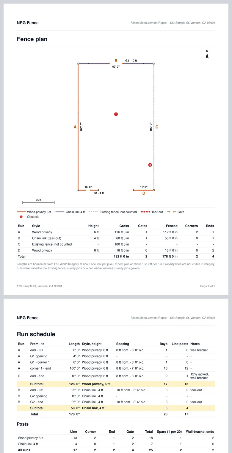A sample fence report open on a phone: the fence plan, with the run schedule below