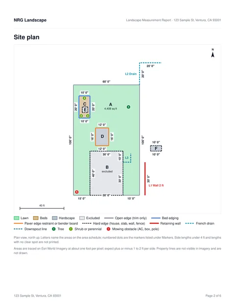 Sample landscape report, page 2 of 6: The plan with areas, edges, walls, drains and markers